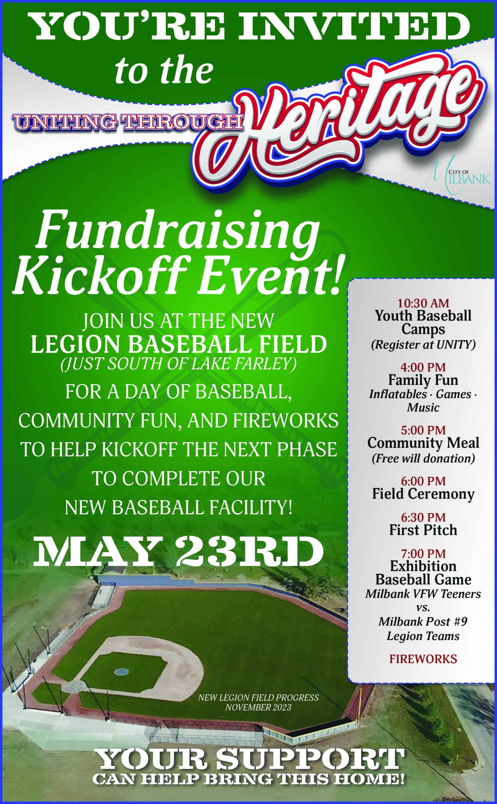 Milbank, SD the historic birthplace of American Legion Baseball, is on a mission to rejuvenate its baseball heritage by creating a community hub that merges baseball with outdoor entertainment, aiming to enhance behavioral health, family unity, and community engagement. The New Field will be more than a baseball facility; it will be a versatile venue capable of hosting movie nights, concerts, cultural festivals, in addition to local and regional baseball events, thus becoming a cornerstone of community life.