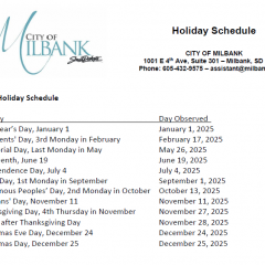 2025 City of Milbank Holiday Closure Listing