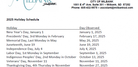 2025 City of Milbank Holiday Closure Listing